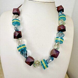 Chunky Boho Statement Necklace 22" Wood & Acrylic Beads Blue Brown